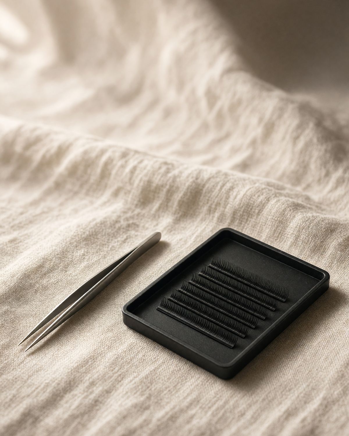 Tweezers resting on linen